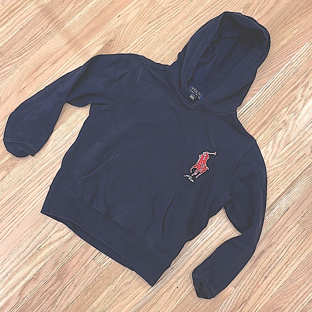 2/$20 Polo Ralph Lauren sz 10-12 navy blue hoodie with oversized polo graphic